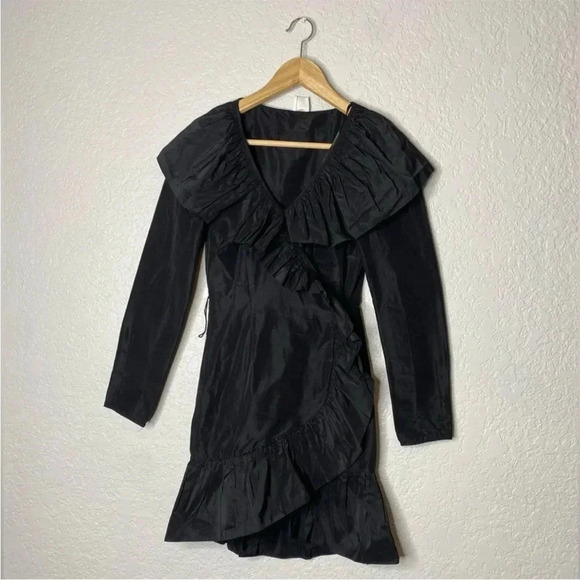 SANDRA MANSOUR X H&M Black Mini Ruffled Wrap Taffeta Dress Long Sleeve XXL - Picture 10 of 14